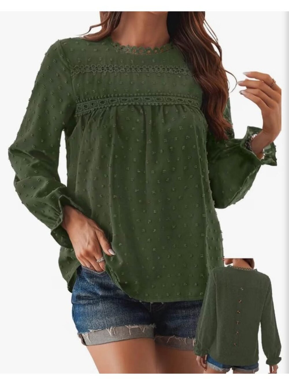 NWT sz M Olive Green Swiss Dot Boho Long Sleeve Blouse